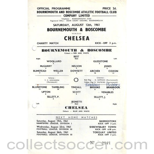 1961 - Bournemouth and Boscombe Official Programme Punched Holes 12/8/1961