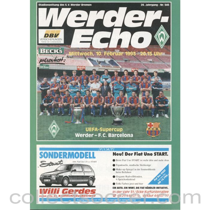 1992 Super Cup Final Official Programme Werder Bremen v Barcelona