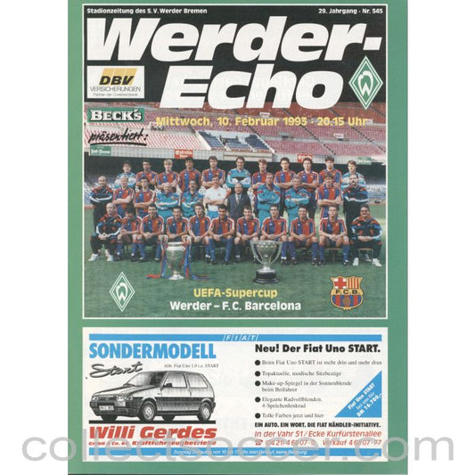 1992 Super Cup Final Official Programme Werder Bremen v Barcelona
