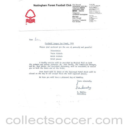 1978 League Cup Final Programme + Ticket + Rare Letter - Liverpool v Nottingham Forest