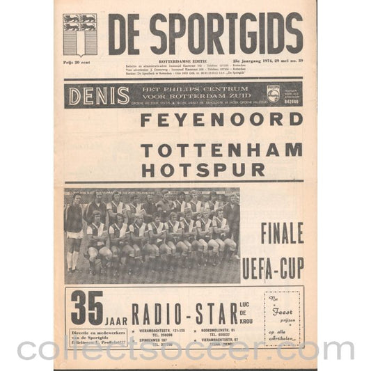 1974 UEFA Cup Final Official Programme De Sportsgids Issue Feyenoord v Tottenham Hotspur