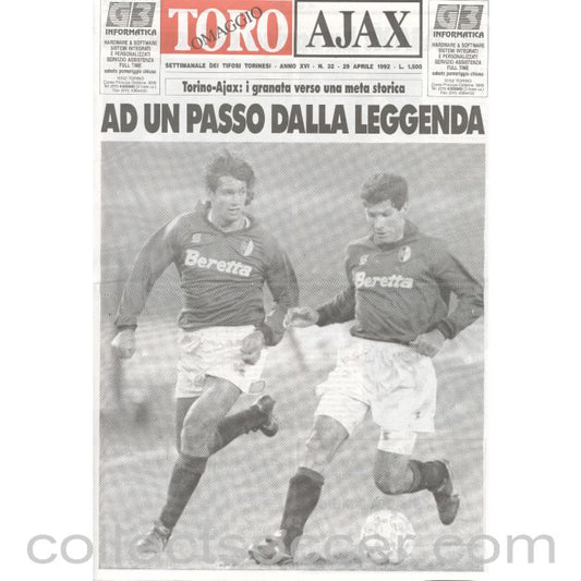 1992 UEFA Cup Final Official Programme Ajax v Torino 1st Leg