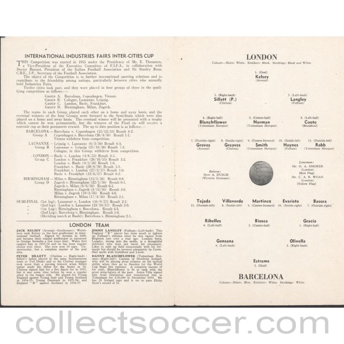 1958 Fairs Cup Final Programme London v Barcelona at Stamford Bridge