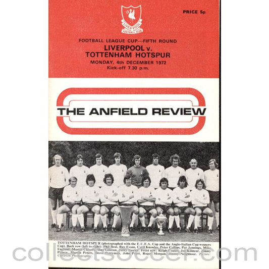1972 - Liverpool v Tottenham Hotspur League Cup official programme 04/12/1972