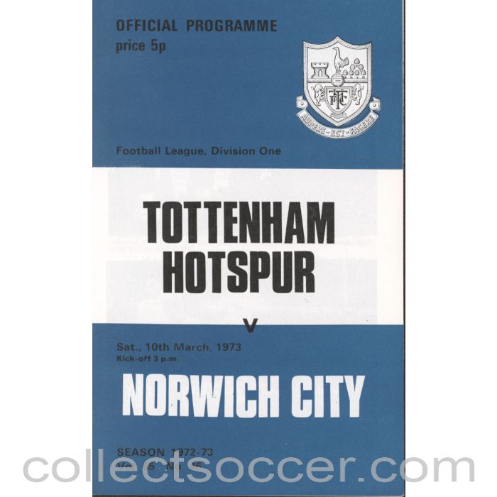 1973 - Tottenham Hotspur v Norwich City Programme 10/3/1973