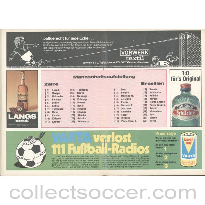 1974 World Cup - Zaire v Brazil official programme 22/06/1974