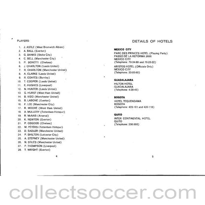 1970 World Cup England Official Players Itinerary