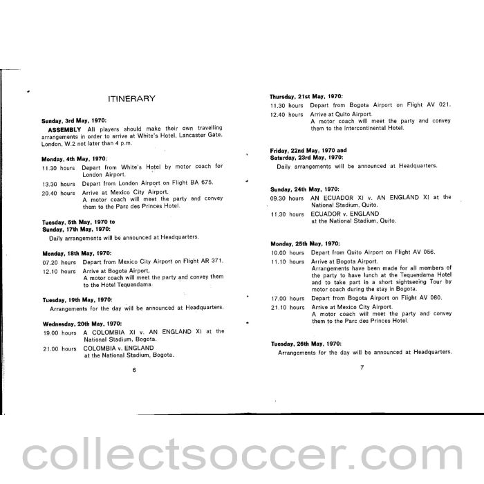 1970 World Cup England Official Players Itinerary
