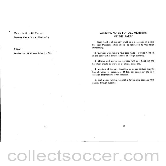 1970 World Cup England Official Players Itinerary