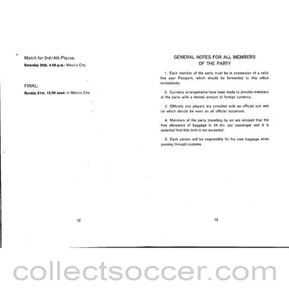 1970 World Cup England Official Players Itinerary