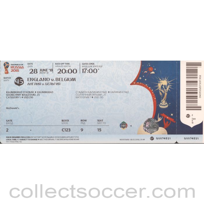 2018 World Cup England v Belgium Ticket played in Kaliningrad