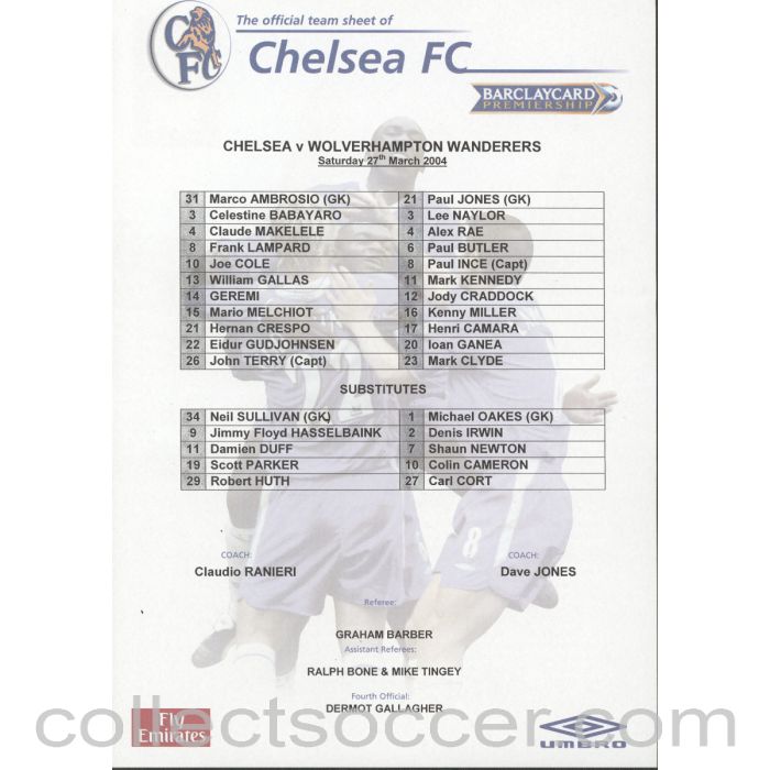 2004 - Chelsea v Wolverhampton Wanderers teamsheet 27/03/2004 Premier League