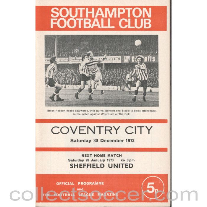 1972 - Southampton v Coventry City 30/12/1972 Football Programme