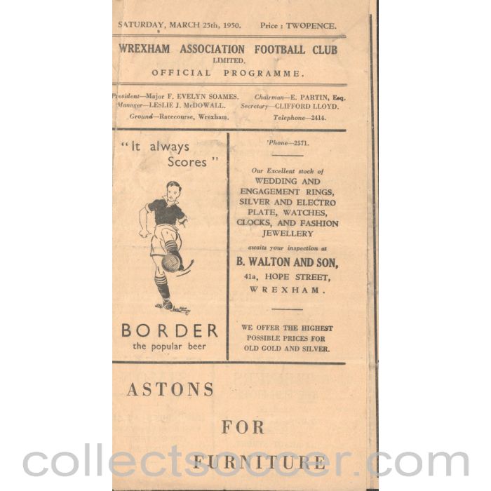 1950 - Wrexham FC V Gateshead FC 25/3/1950 official Football Programme
