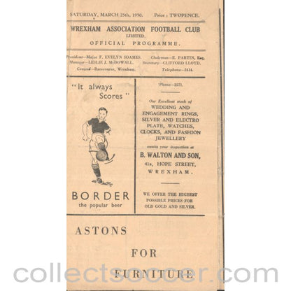 1950 - Wrexham FC V Gateshead FC 25/3/1950 official Football Programme