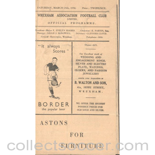 1950 - Wrexham FC V Gateshead FC 25/3/1950 official Football Programme