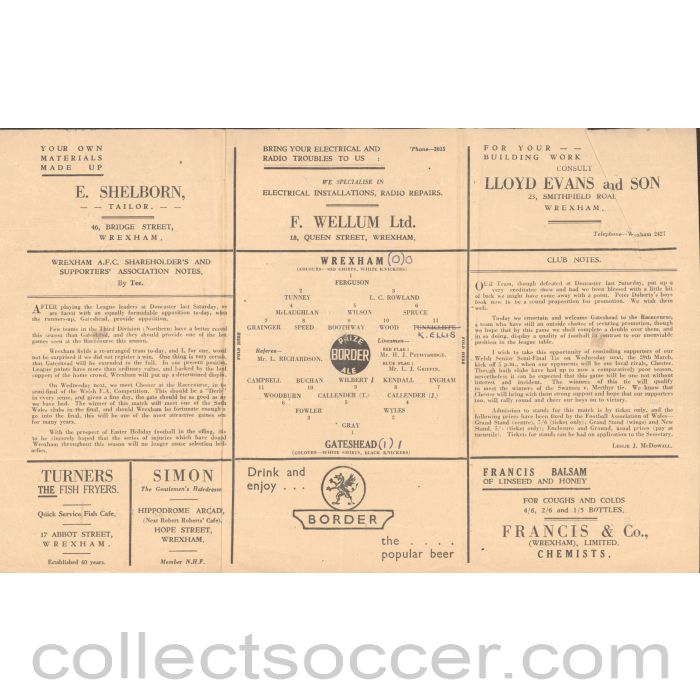 1950 - Wrexham FC V Gateshead FC 25/3/1950 official Football Programme