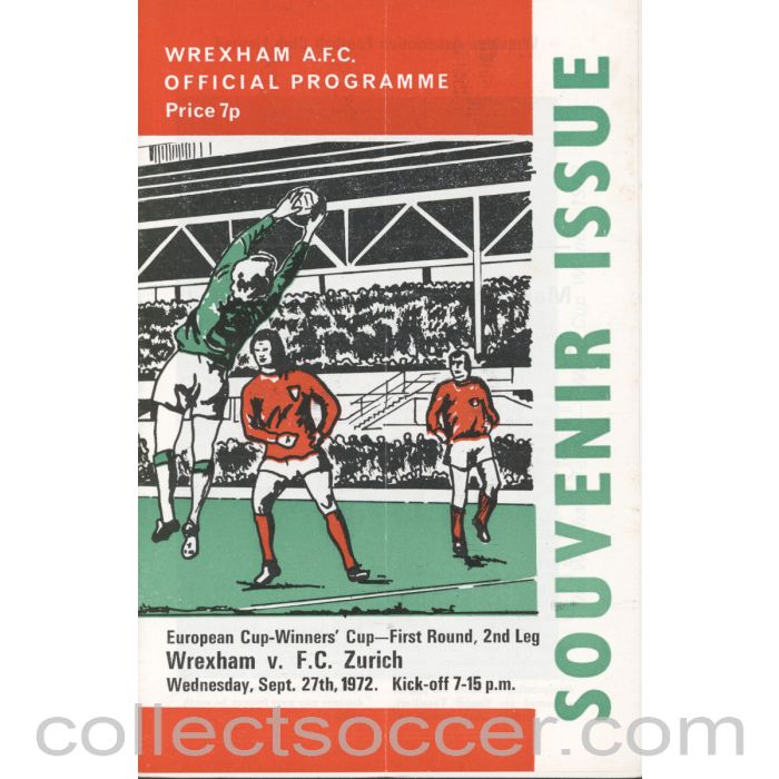 1972 - Wrexham v FC Zurich Cup Winners Cup 1st Round 2nd Leg Official Football Programme