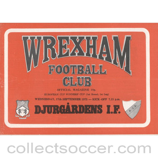 1975 - Wrexham v Djurgardens I.F. Cup Winners Cup 1st Round 1st Leg Official Football Programme 17/9/1975