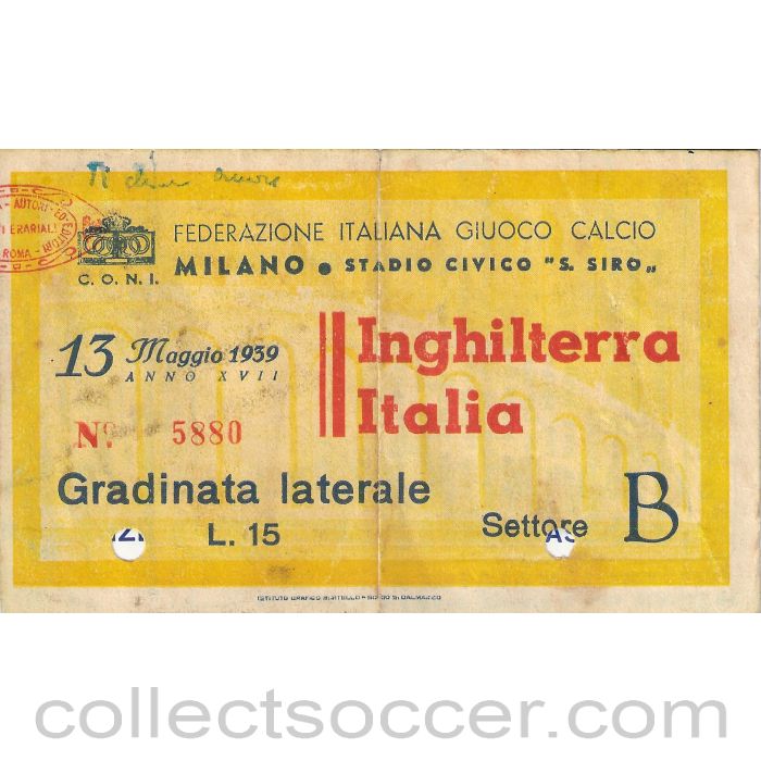 1939 Very Rare Italy v England ticket