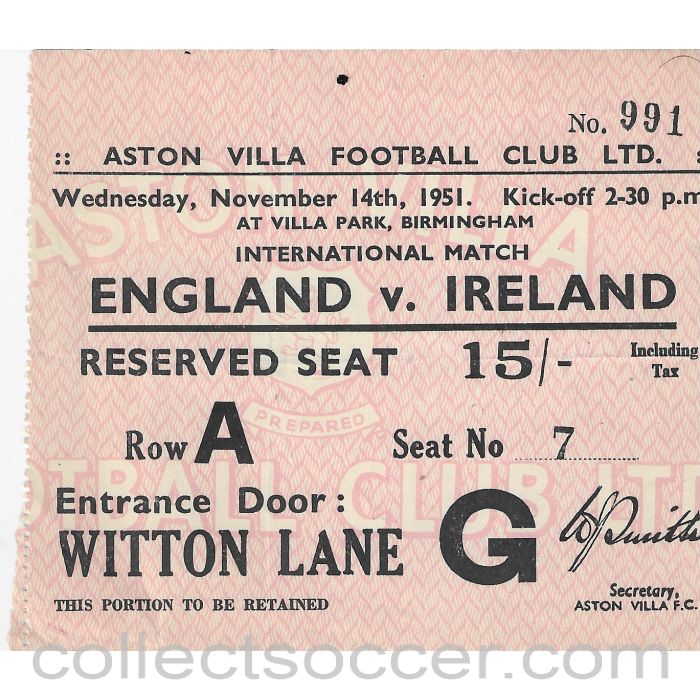 1951 England v Ireland Ticket at Aston Villa
