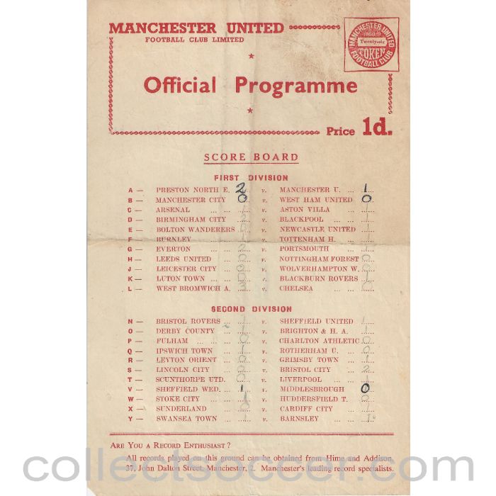 1958 - Manchester United Reserves V Stoke City Reserves 13/12/1958 Official Football Programme