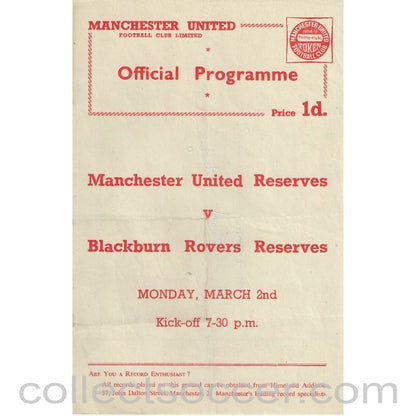 1959 - Manchester United Reserves v Blackburn Rovers Reserves 2/3/1959 Official Football Programme