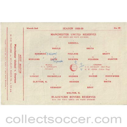 1959 - Manchester United Reserves v Blackburn Rovers Reserves 2/3/1959 Official Football Programme