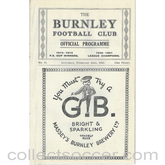 1935 - Burnley V Swansea 23/02/1935 Rare Football Programme