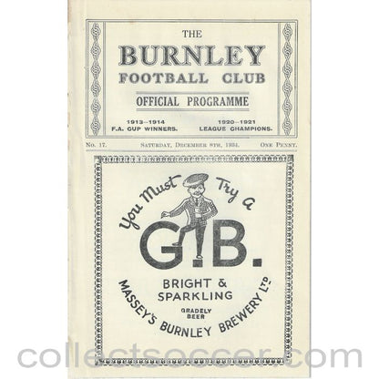 1934 - Burnley V Plymouth Argyle 8/12/1934 Rare Football Programme
