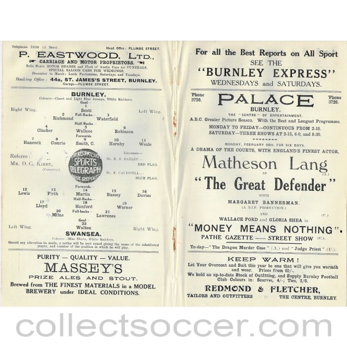 1935 - Burnley V Swansea 23/02/1935 Rare Football Programme