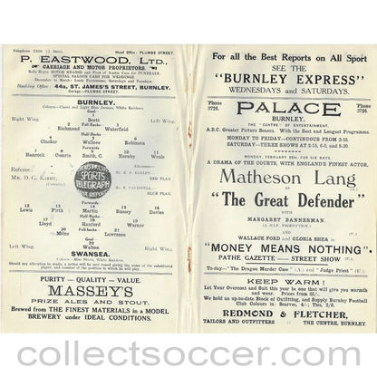 1935 - Burnley V Swansea 23/02/1935 Rare Football Programme