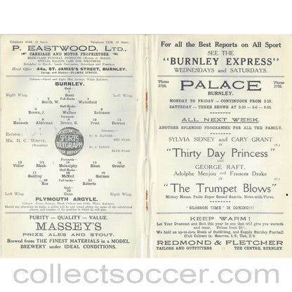 1934 - Burnley V Plymouth Argyle 8/12/1934 Rare Football Programme