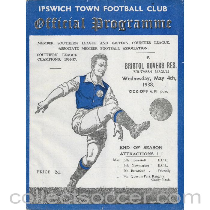1938 - Ipswich Town v Bristol Rovers Reserves 4/5/1938 Football Programme