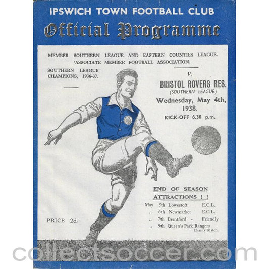 1938 - Ipswich Town v Bristol Rovers Reserves 4/5/1938 Football Programme