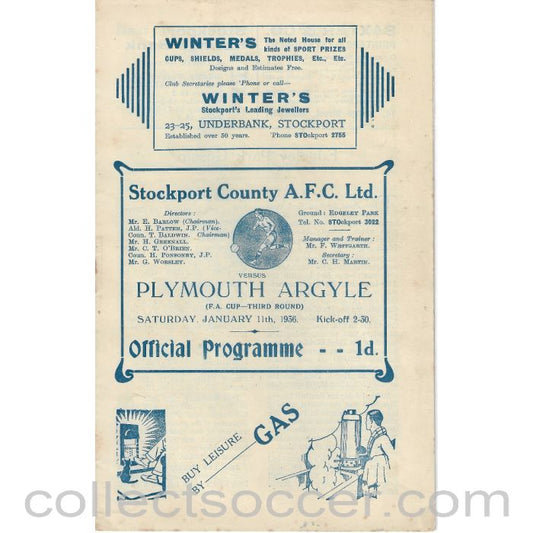 1936 - Stockport County v Plymouth Argyle  FA Cup 3rd Round 11/1/1936 Football Programme