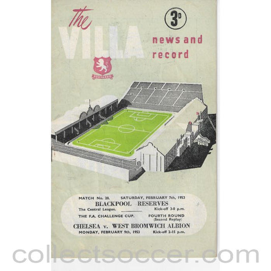 1953 - At Villa Park West Bromwich Albion v Chelsea FA Cup 4th Round 2nd Replay 7/2/1953 Football Programme