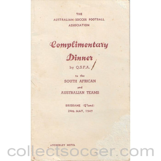 1947 - Rare Menu Australia v South Africa Football 24/5/1947