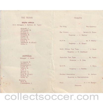 1947 - Rare Menu Australia v South Africa Football 24/5/1947