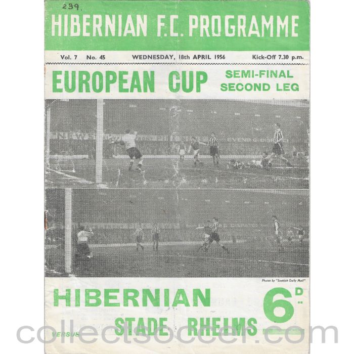 1956 - Hibernian v Stade Rheims European Cup Semi Final 2nd Leg Football Programme