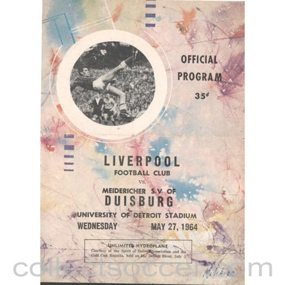 1964 - Duisburg v Liverpool In Detroit 27/5/1964 Official Programme