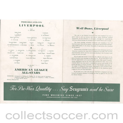 1946 - American Soccer League All Stars v Liverpool 11/6/1946 Rare Programme
