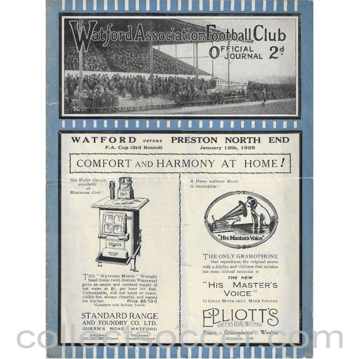 1929 - Watford v Preston North End FA Cup 3rd Round Official Programme