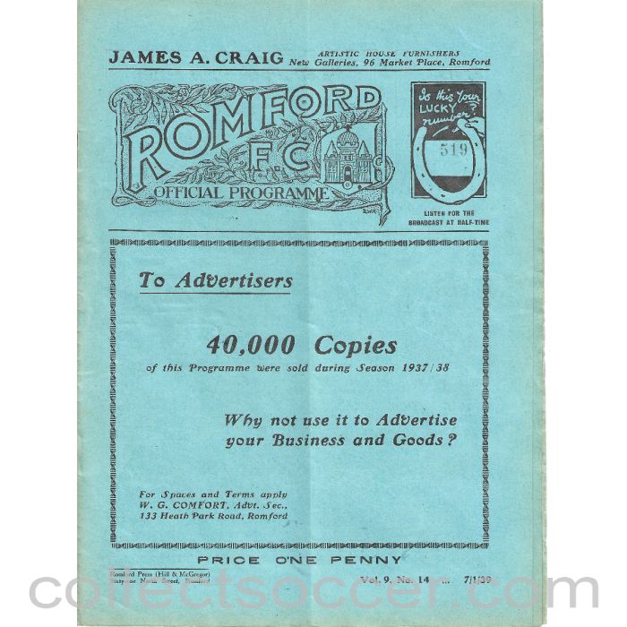 1939 - Romford v Redhill 7/1/1939 Football Programme