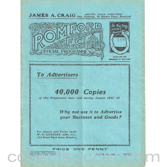 1939 - Romford v Redhill 7/1/1939 Football Programme