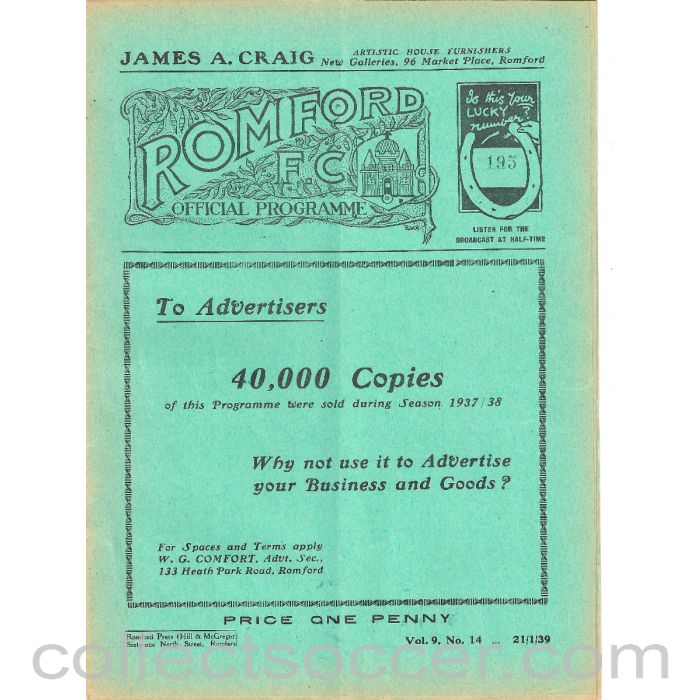 1939 - Romford v Hayes 21/1/1939 Official Football Programme