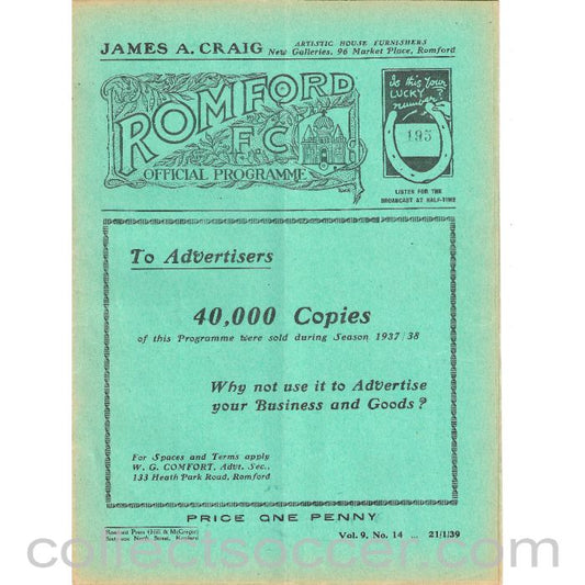 1939 - Romford v Hayes 21/1/1939 Official Football Programme