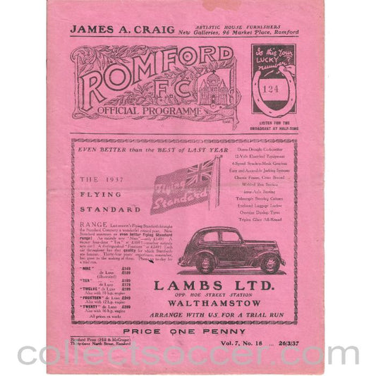 1937 - Romford V Redhill 26/3/1937 Official Football Programme