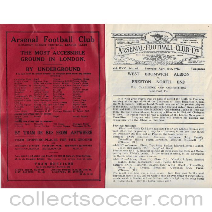 1937 - 1937 FA Cup Semi Final At Arsenal West Bromwich Albion v Preston North End Programme