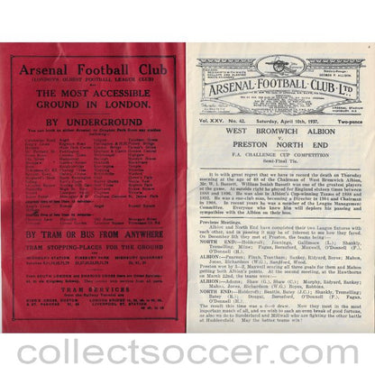 1937 - 1937 FA Cup Semi Final At Arsenal West Bromwich Albion v Preston North End Programme